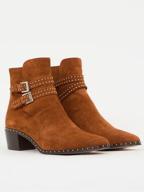 The Kooples Women's Suede Ankle Boots with Studded Straps - Brown size 9
